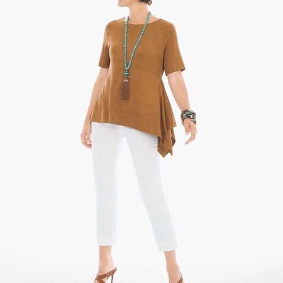 Chicos Faux-Suede Angled Top Brown 2 EUC - Picture 1 of 9
